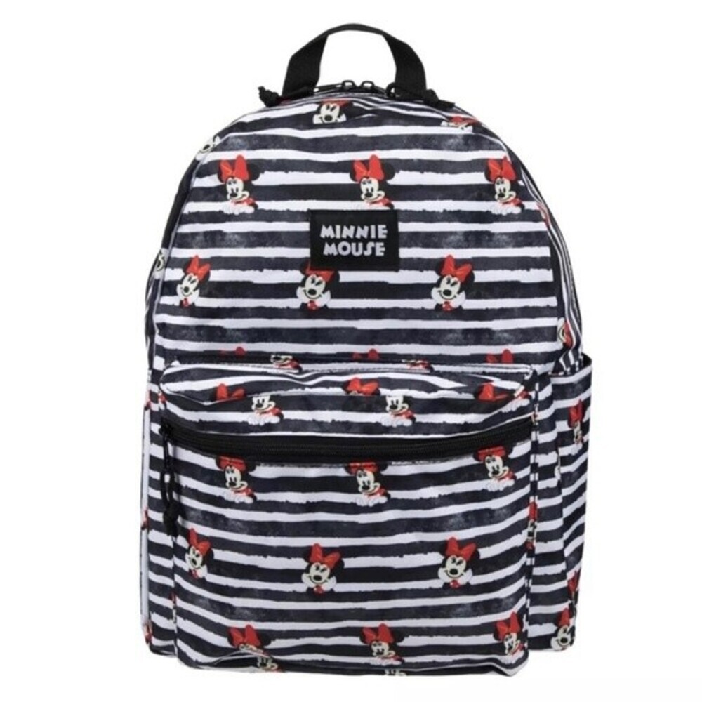 Disney Minnie Mouse Black White Striped Backpack with Red Accents